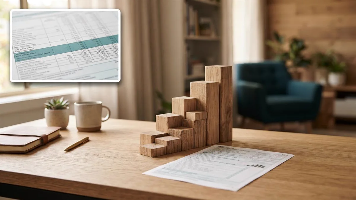 A stack of building blocks of different heights on a desk beside a tax return, in an Australian home
